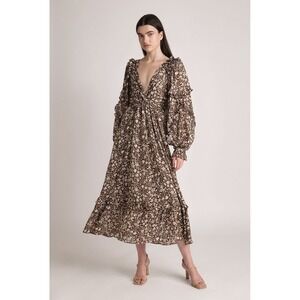 $395 Sabina Musayev Legend Dress XS Brown Gold Floral Ruffle Tiered Midi Cottage